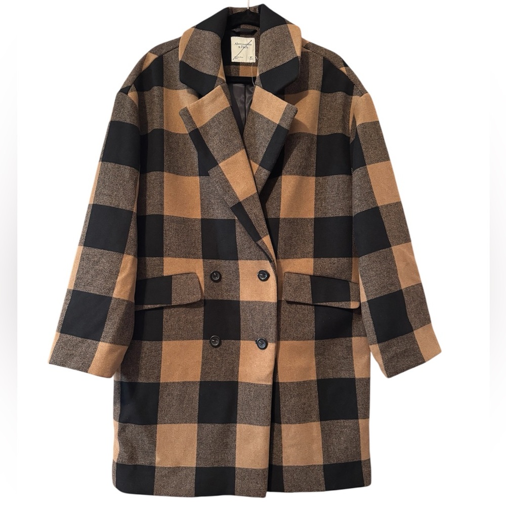 NWOT Abercrombie and Fitch Tan & Black Buffalo Check Wool Blend Coat Medium Tall